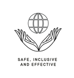Safe, Inclusive and Effective Icon showing hands open under a globe