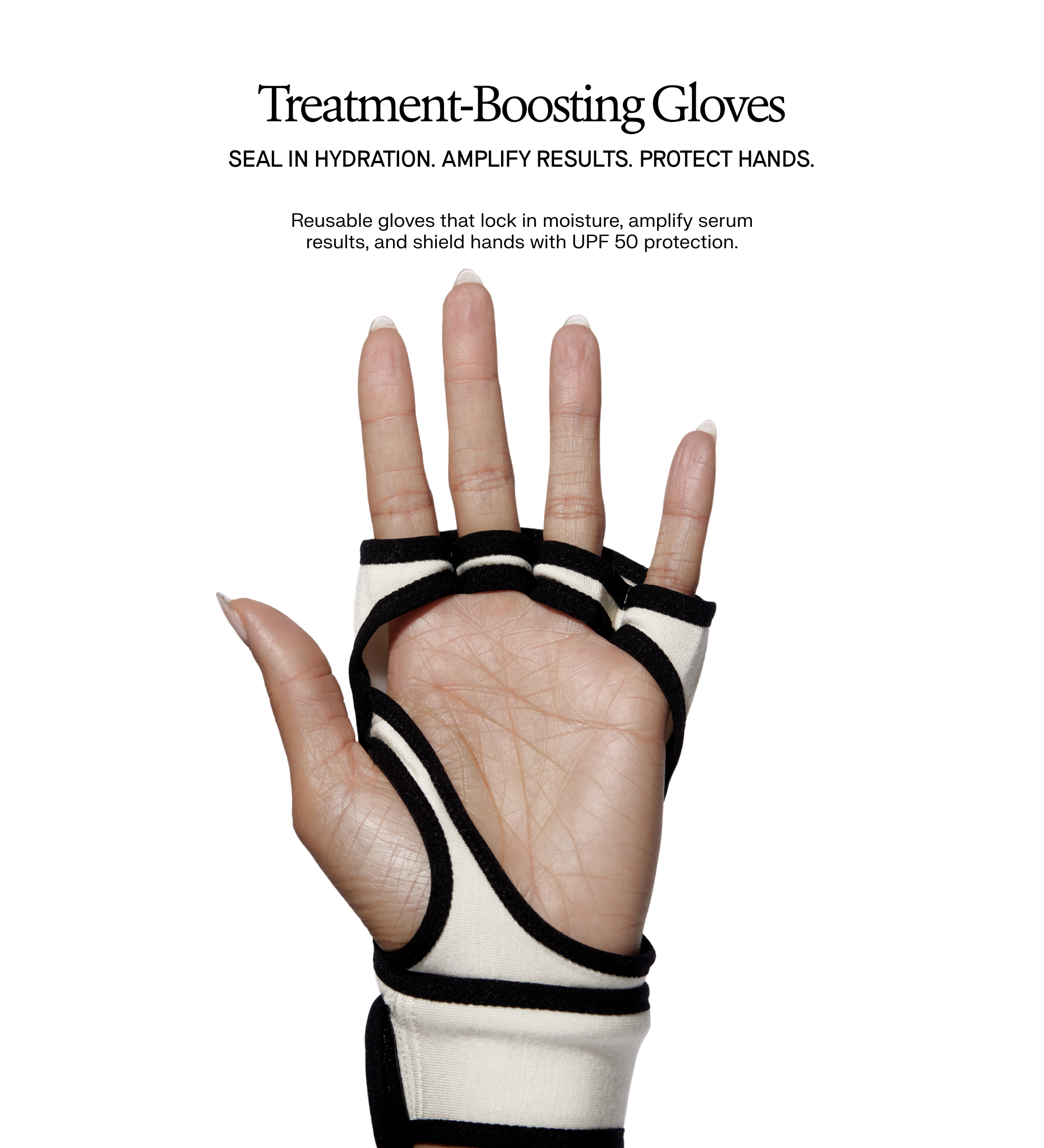 Hand wearing a treatment-boosting glove with text about product benefits on a white background