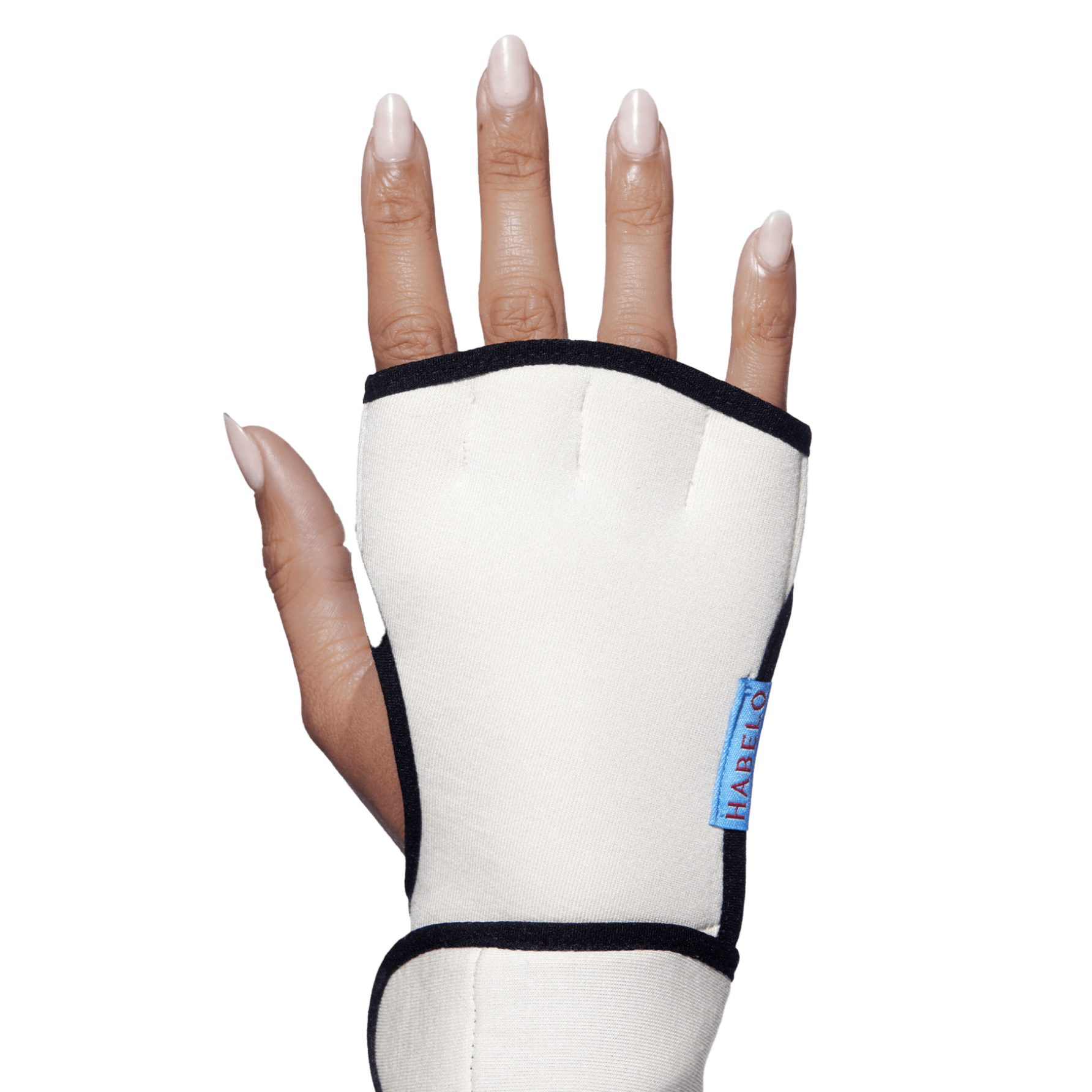 A hand wearing a Habelo Treatment-Boosting Glove, shown facing the back of the hand